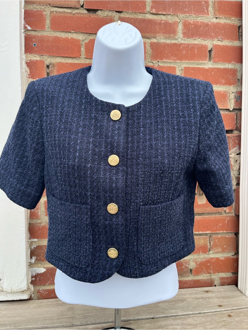 Abercrombie & Fitch Navy Tweed Cropped Jacket with Gold Buttons